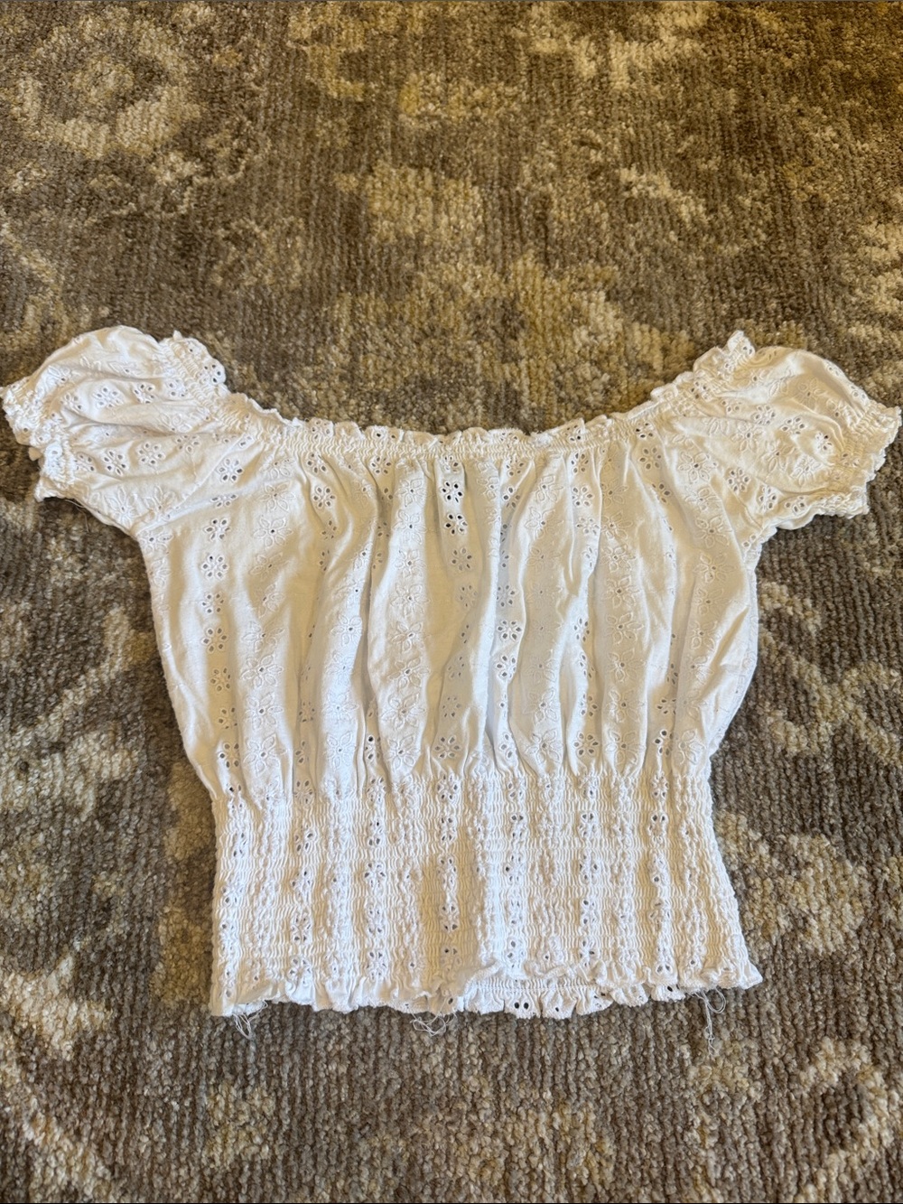 Forever 21 White Eyelet Off-Shoulder Smocked Crop Top